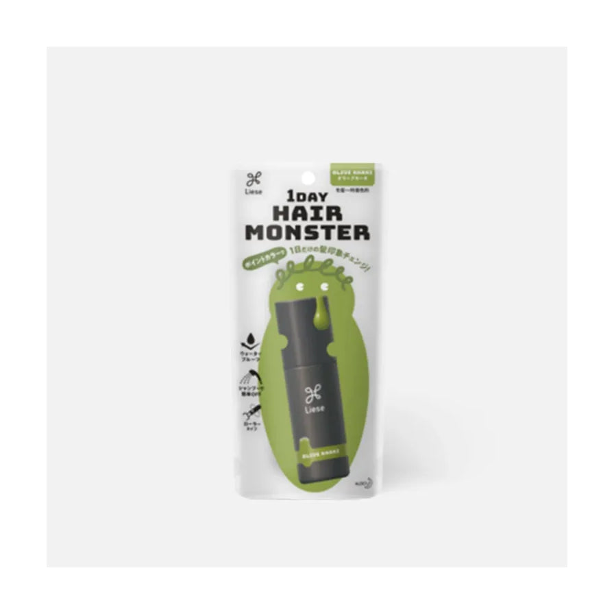 Liese 1Day Hair Monster 临时染发喷雾绿色款包装正面图，展示橄榄卡其色瓶身与产品特性图示。