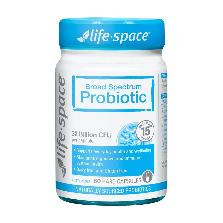 Life - Space 益生菌胶囊瓶身正面图，蓝白瓶盖，标签写有 Broad Spectrum Probiotic、32 Billion CFU、60 Hard Capsules。