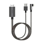 WiWU 品牌 Lightning HDTV 转接线，包含 HDMI 接口、USB 供电接口和 L 型 Lightning 接口，采用黑白编织线材。