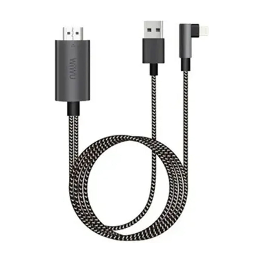 WiWU 品牌 Lightning HDTV 转接线，包含 HDMI 接口、USB 供电接口和 L 型 Lightning 接口，采用黑白编织线材。