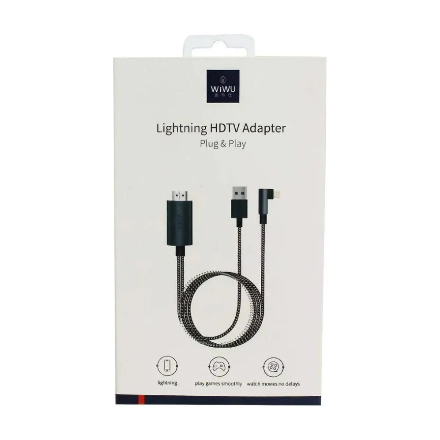 WiWU Lightning HDTV Adapter 白色包装盒正面，印有产品外观图及 Plug & Play 即插即用字样。