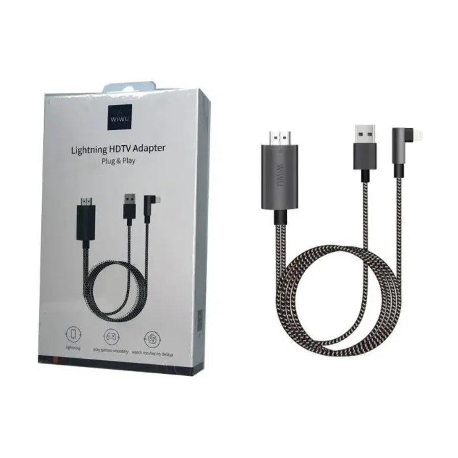 WiWU Lightning HDTV 转接线及其包装盒展示，展示了编织线材和三个主要连接接口。