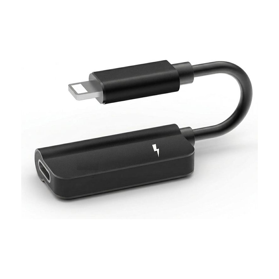 黑色四合一Lightning转3.5mm音频及充电转接头，展示紧凑的U型线缆设计与接口细节。