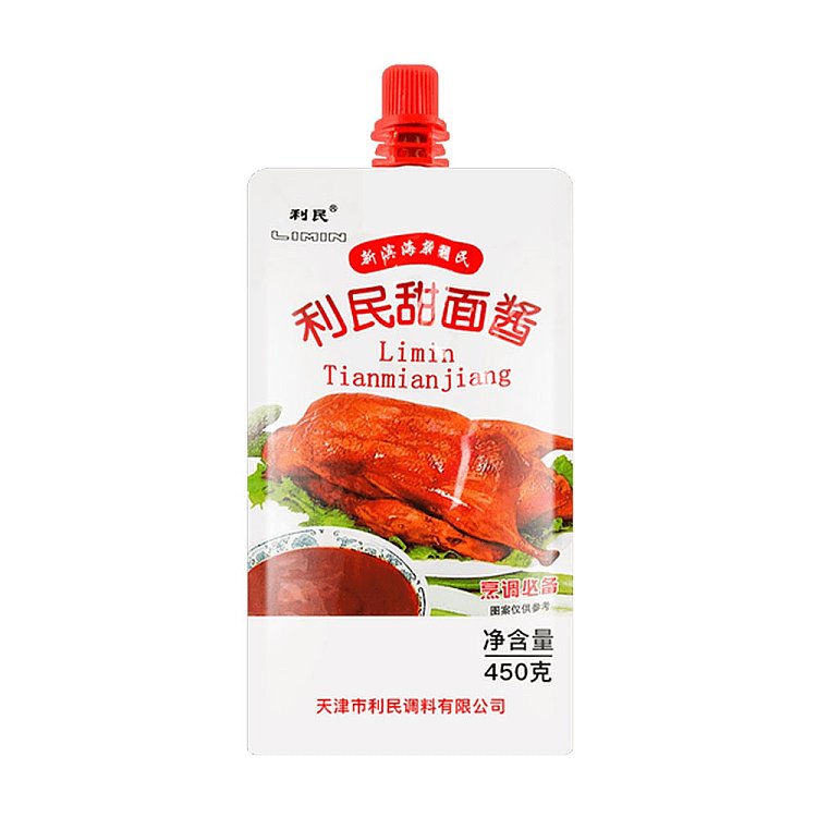 利民甜面酱 450g 立体袋装正面图，红色包装展示品牌和净含量
