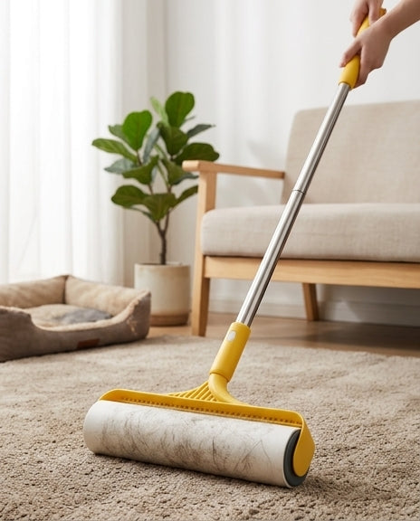 手动粘毛器强力粘性滚筒特写，展示清洁沙发缝隙和衣物毛絮的效果