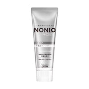 狮王 NONIO+care 亮白牙膏银色管身正面特写，展示品牌 Logo 与产品包装细节。