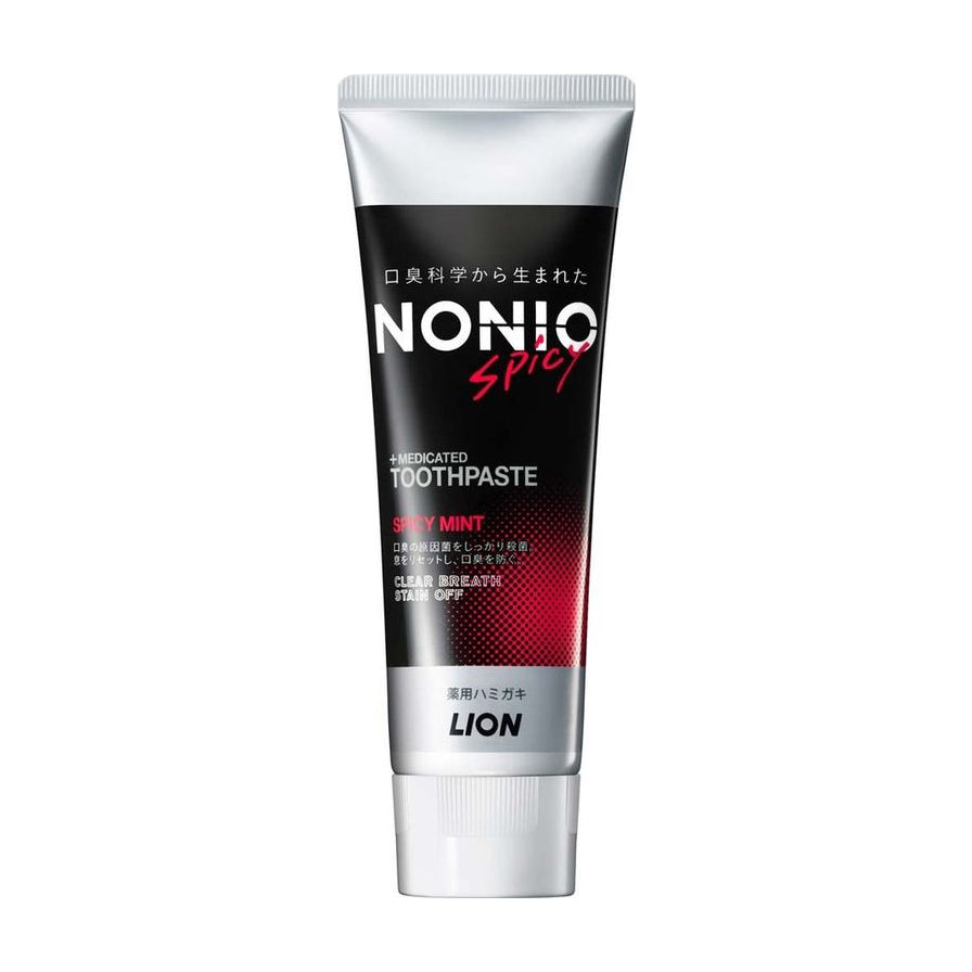 狮王 NONIO 柠姜薄荷味牙膏正面图，黑色与银色包装，标注有 SPICY MINT 字样。