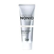 狮王 NONIO +care 银色牙膏管身正面图，展示 Fresh White Mint 口味及品牌标识。