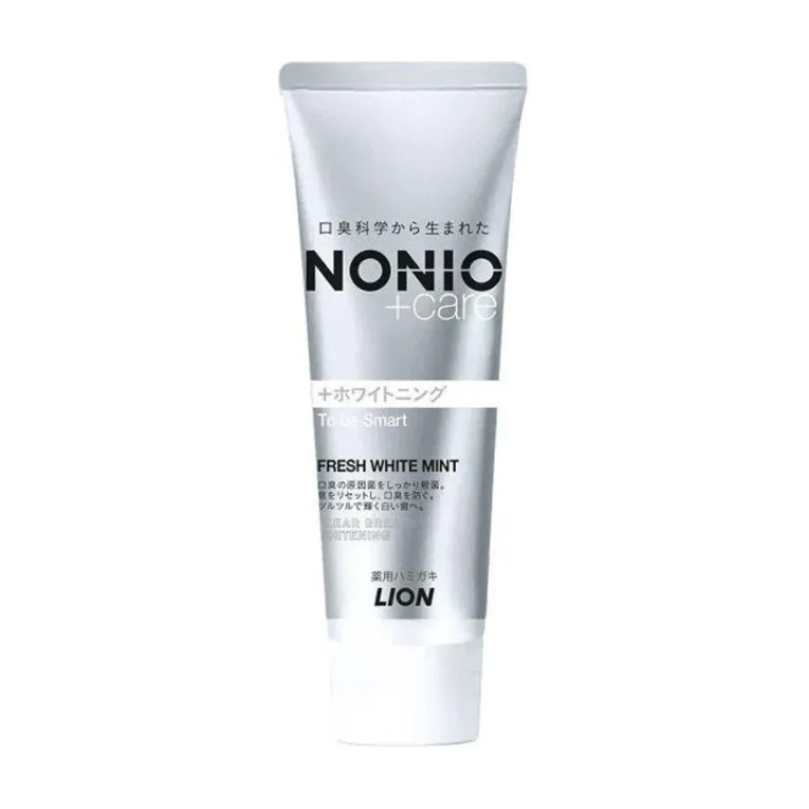 狮王 NONIO +care 银色牙膏管身正面图，展示 Fresh White Mint 口味及品牌标识。