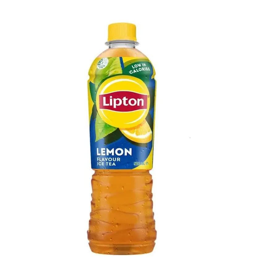 立顿柠檬味红茶500毫升瓶装，包装印有Lipton品牌标识、柠檬切片图案及LEMON FLAVOUR ICE TEA字样。