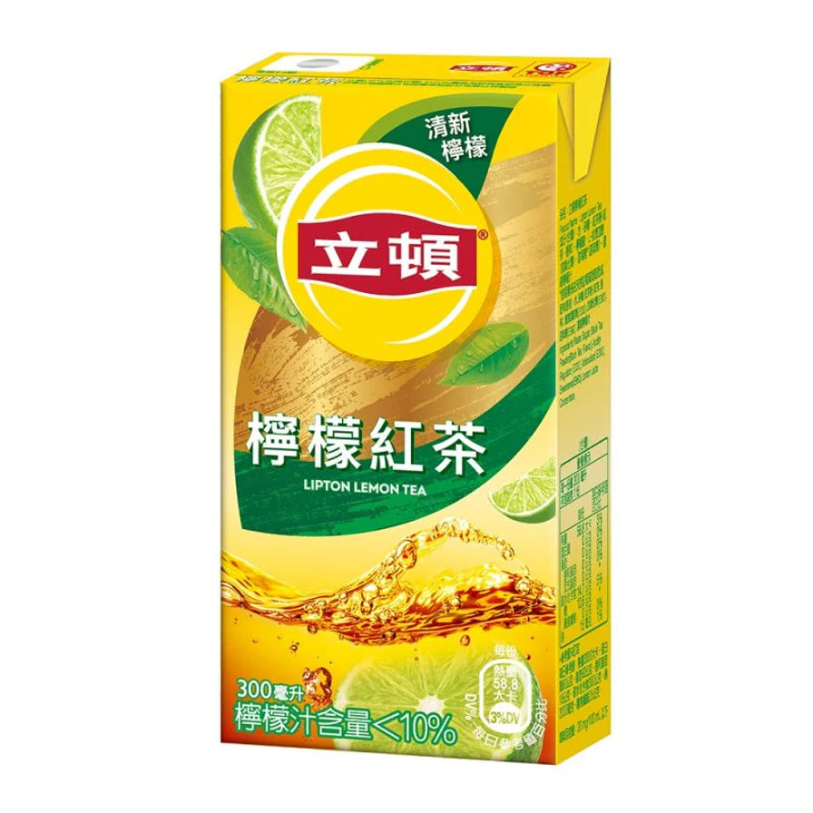 立顿柠檬红茶300毫升利乐包装，包装展示了新鲜柠檬切片和清爽的红茶液体。