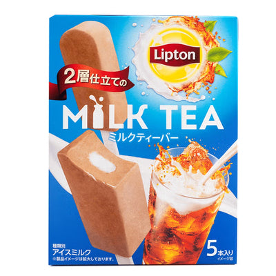 立顿奶茶冰棒五支装正面包装图，展示双层雪糕结构与日式品牌标识