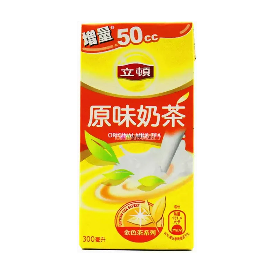 立顿原味奶茶300毫升利乐包装，黄色包装盒上印有茶叶、牛奶和金色茶系列标识。