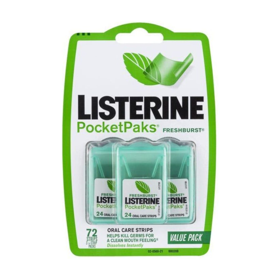 李施德林 PocketPaks 清新薄荷味口气清洁片三盒装正面包装图，绿色挂卡设计内含三个便携小盒。