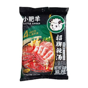 小肥羊招牌辣汤火锅底料包装正面图，展示红油火锅、辣椒及肉卷图案，带有小肥羊Logo。