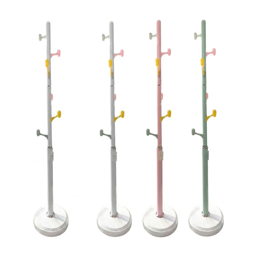 四款不同颜色的小黄鸭落地衣帽架展示，包括白色、粉色和绿色，采用多钩位错落设计和圆形稳固底座。