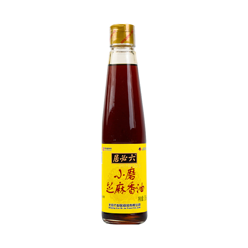 六必居小磨芝麻香油 350ml 玻璃瓶装正面图，标签清晰展示品牌与容量