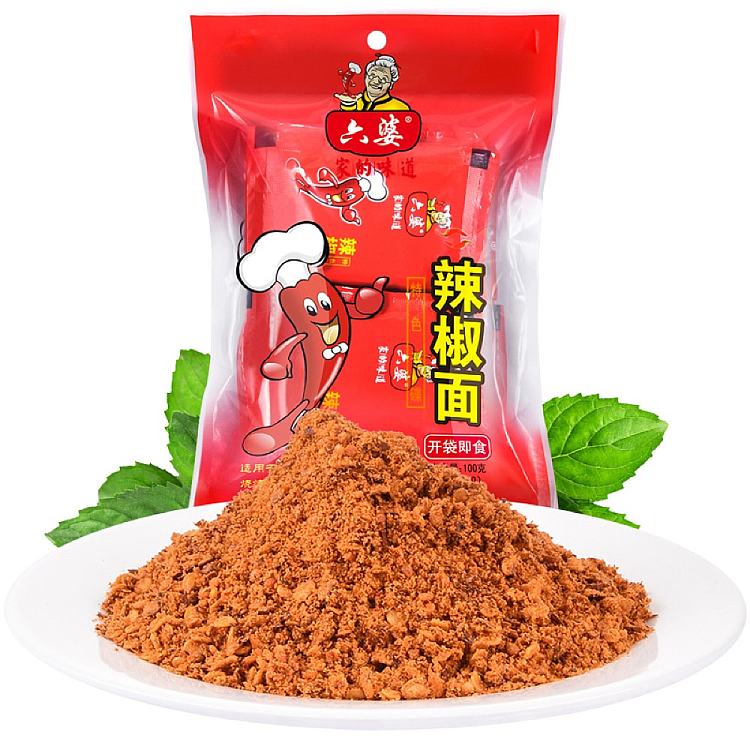 六婆辣椒面 100g 袋装正面图，红色包装展示四川香辣干碟蘸料