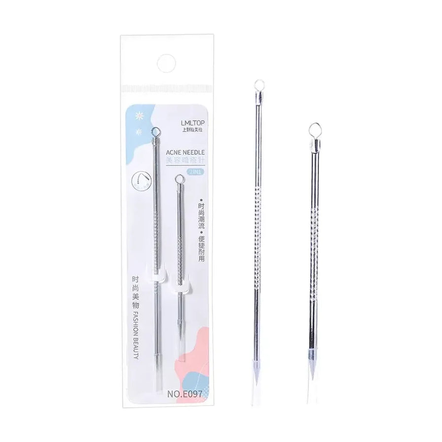 LM.TOP 双头粉刺针套装，包含长款和短款不锈钢挑痘棒及其卡纸包装展示。