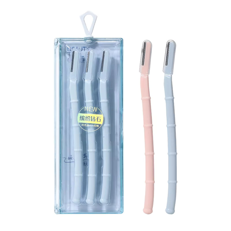 上野拉美拉竹节修眉刀套装，含透明收纳盒及粉色蓝色两支单刀展示。