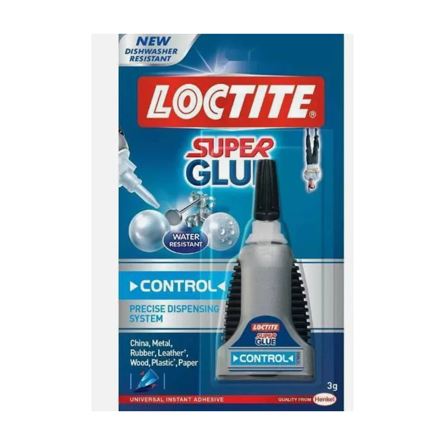 LOCTITE 乐泰 SUPER GLUE Control 精准点胶系统包装正面，蓝色背景，展示胶水瓶身、3g 标注及耐水、洗碗机适用等英文说明。
