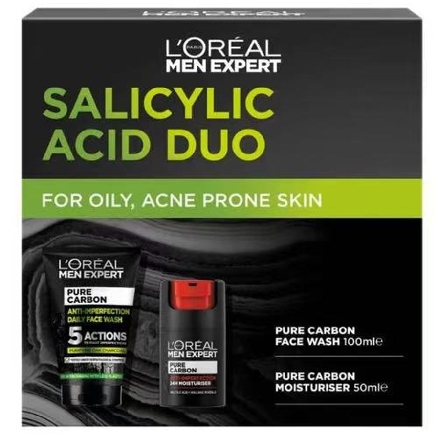 欧莱雅男士水杨酸护肤套装外包装盒，印有SALICYLIC ACID DUO字样，下方展示了内部的洁面乳和保湿霜。