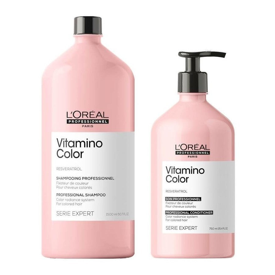 欧莱雅 Vitamino Color 洗护套装组合展示，包含大瓶洗发水与护发素，粉色包装适合染烫修护。