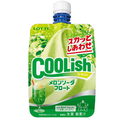 乐天 Coolish 密瓜苏打浮雪冰淇淋单袋包装正面图，展示绿色软袋与旋转盖设计