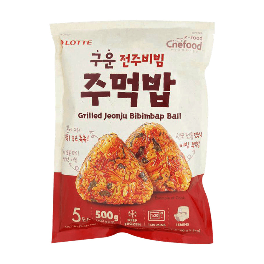 LOTTE 韩国特色牛肉饭团 500g 包装正面图，展示全州拌饭风味饭团实物图，包含 5 个独立包装，标注微波炉和空气炸锅加热时间。