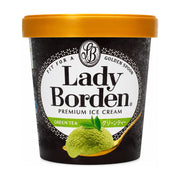 乐天 Lady Borden 绿茶味冰淇淋 470ml 大桶装，白色背景下的正面包装图，展示了金黄色盖子、黑色桶身以及绿茶冰淇淋球图案。
