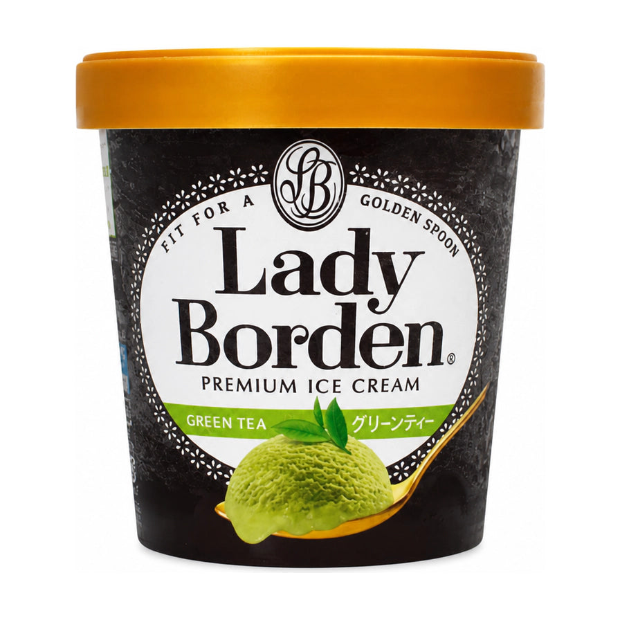 乐天 Lady Borden 绿茶味冰淇淋 470ml 大桶装，白色背景下的正面包装图，展示了金黄色盖子、黑色桶身以及绿茶冰淇淋球图案。
