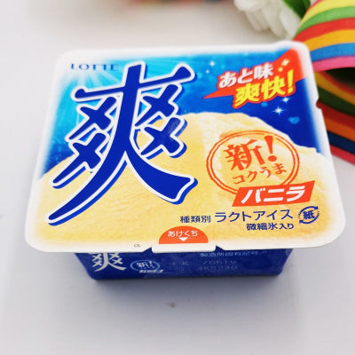 乐天微细冰香草冰淇淋 190ml 杯装正面图，展示白色包装与品牌标识