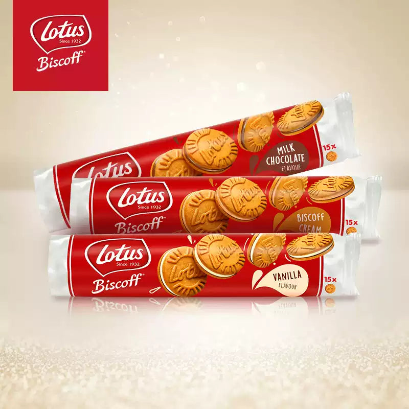 Lotus 比利时焦糖饼干标准包装正面，展示经典肉桂风味酥脆饼干。