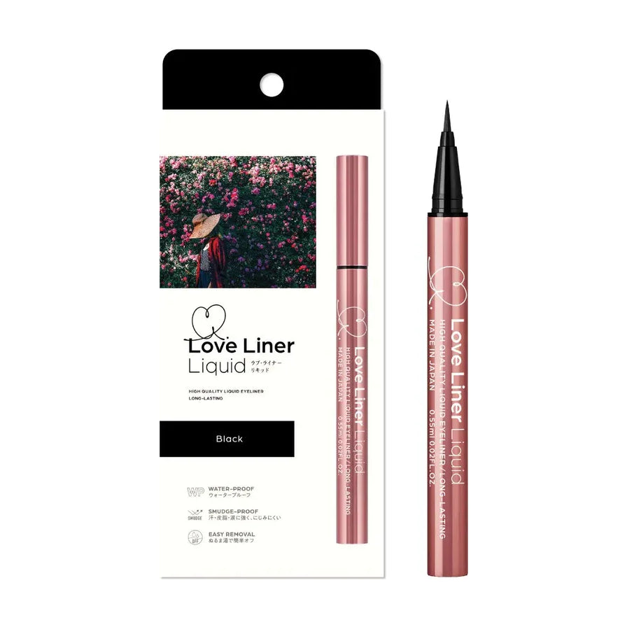Love Liner 极细防水眼线液笔浓密漆黑色，展示粉色金属管身与黑色笔头及包装细节。