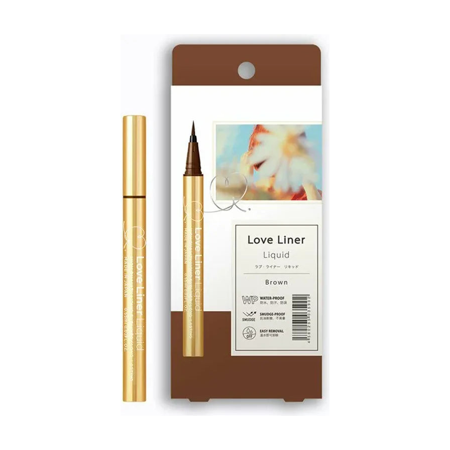 Love Liner 极细防水眼线液笔温柔赤茶色，展示金色管身、红棕笔尖及带有花朵元素的包装。