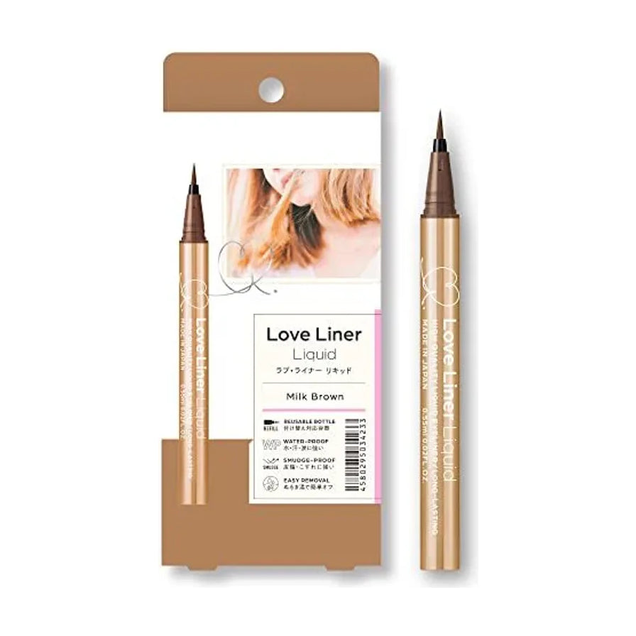 Love Liner 极细防水眼线液笔牛奶浅棕色，展示金色管身、棕色笔尖及产品包装正面。