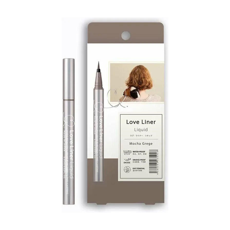 Love Liner 极细防水眼线液笔知性灰褐色，展示银色管身、灰褐笔尖及模特发型参考图。