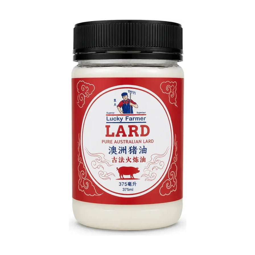 Lucky Farmer 澳洲猪油 375mL 罐装，正面标签显示古法火炼油及农夫图案，白色纯净质地。