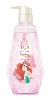 LUX LUMINIQUE 迪士尼小美人鱼限定粉色洗发水，瓶身印有 Ariel 图案与花朵元素。