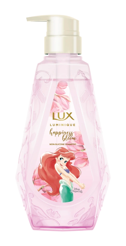 LUX LUMINIQUE 迪士尼小美人鱼限定粉色洗发水，瓶身印有 Ariel 图案与花朵元素。