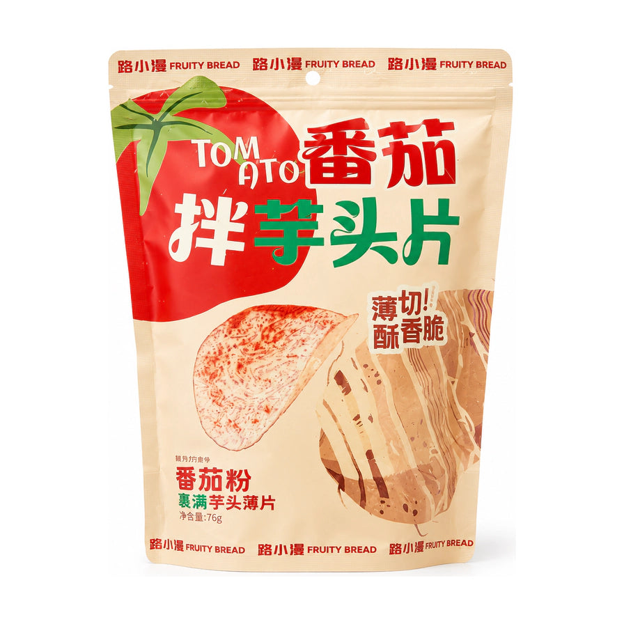 路小漫番茄拌芋头片76g袋装正面图，包装上有番茄图案和薄切酥香脆字样。