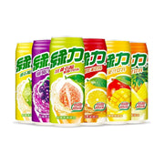 绿力果汁多口味集合，包含番石榴、葡萄、红番石榴、柠檬红茶、芒果和菠萝口味铝罐装。