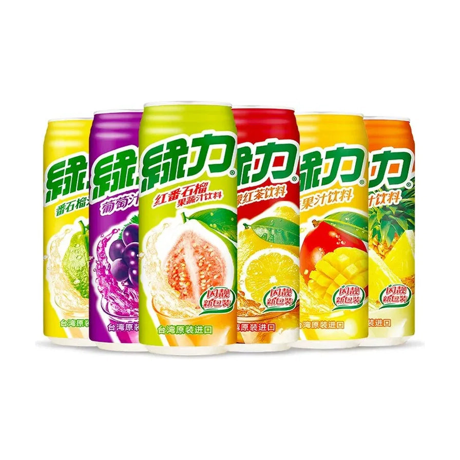 绿力果汁多口味集合，包含番石榴、葡萄、红番石榴、柠檬红茶、芒果和菠萝口味铝罐装。