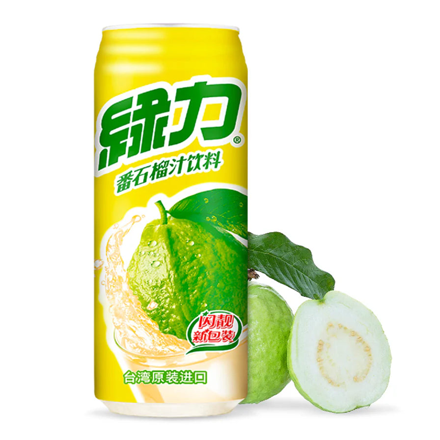 绿力番石榴汁饮料，黄色铝罐包装，配有新鲜番石榴果实和切面。