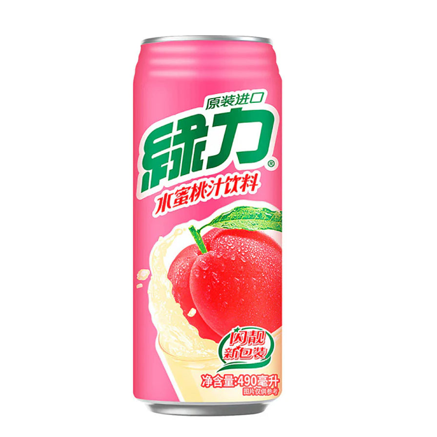 绿力水蜜桃汁饮料，粉色铝罐包装，印有鲜嫩水蜜桃图案。