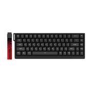 MADLIONS MAD 68 HE RGB 磁轴机械键盘正面俯视图，黑色紧凑型布局，侧刻键帽，左侧配有红黑狮子图案配件。