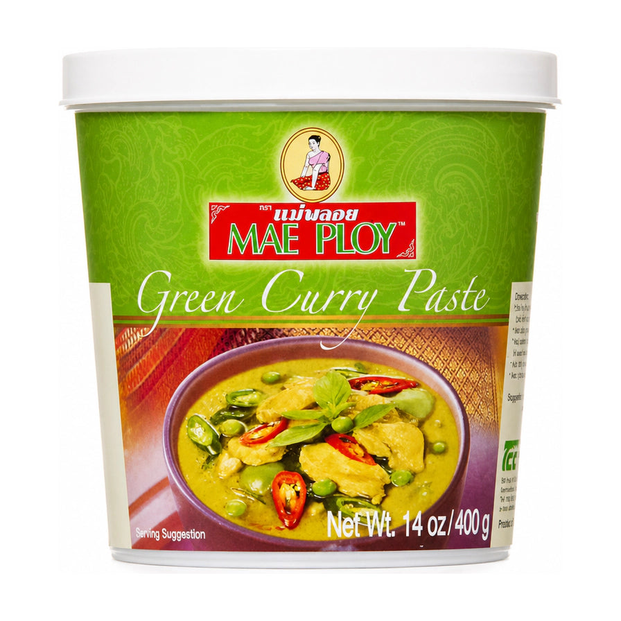 Mae Ploy 绿咖喱酱 400g 罐装，白色背景，包装正面印有绿咖喱成品图。