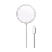 白色 MagSafe 磁吸无线充电器正面视图，展示圆形充电盘、编织线缆及 USB - C 接口。