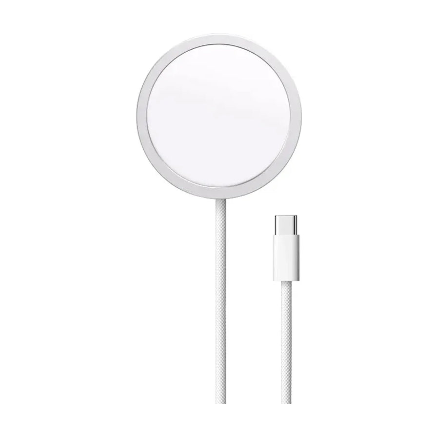 白色 MagSafe 磁吸无线充电器正面视图，展示圆形充电盘、编织线缆及 USB - C 接口。