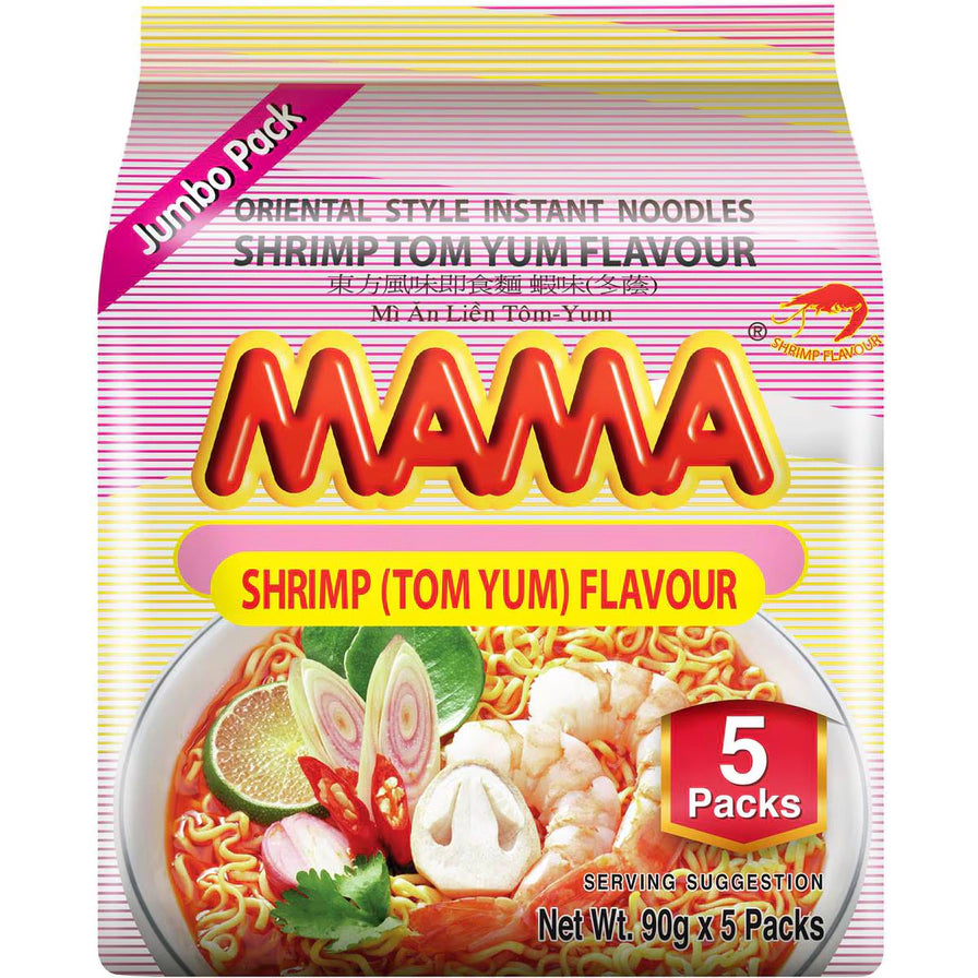 Mama 妈妈面冬阴功虾味 5 连包包装正面图，粉色条纹背景，印有 MAMA 品牌标识、冬阴功虾味标识及 5 Packs 字样，下方为配有鲜虾和香料的酸辣面条示意图。